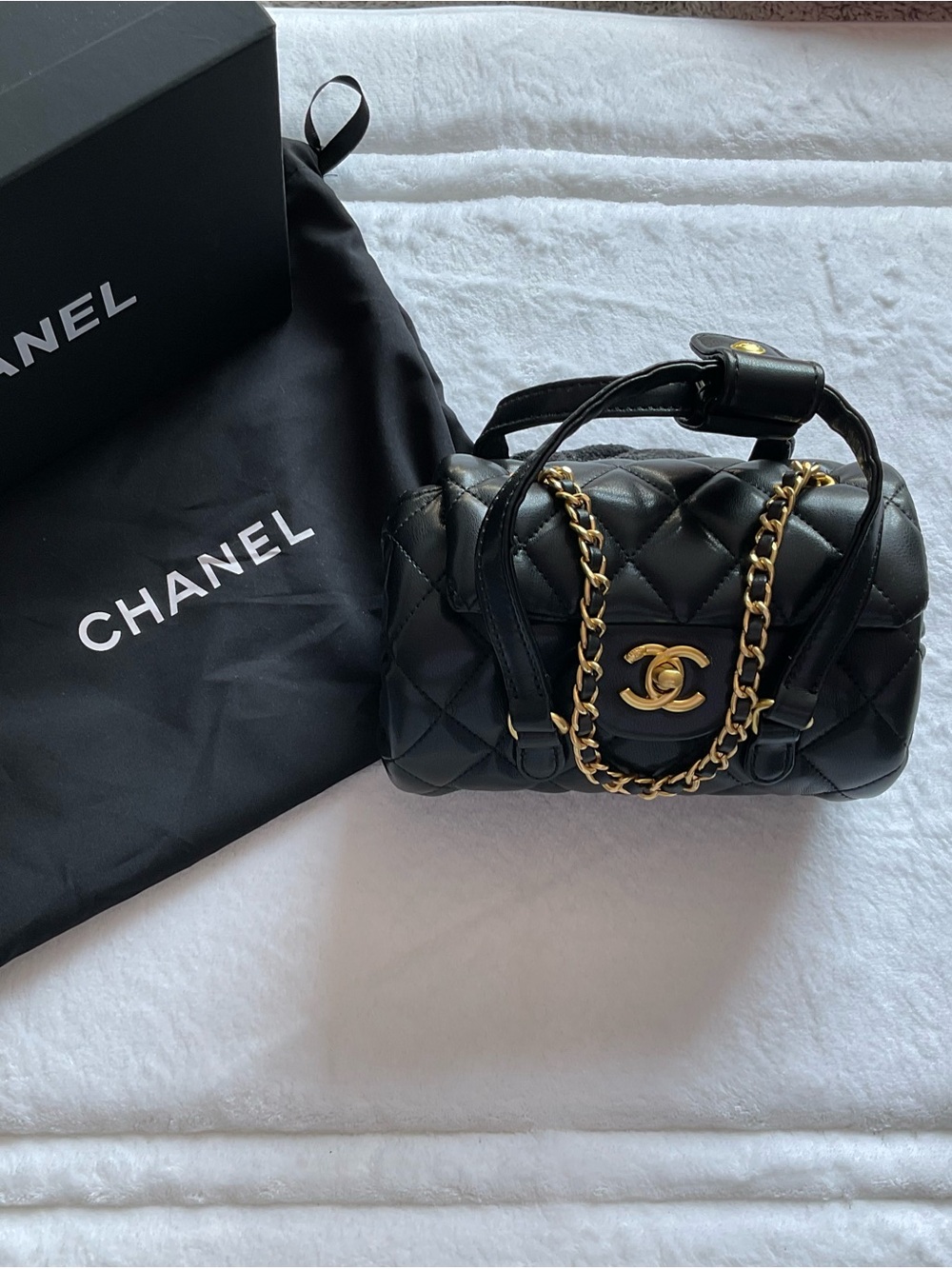 CHANEL VIP Gift Black Quilted Mini Barrel Bag with Gold Hardware